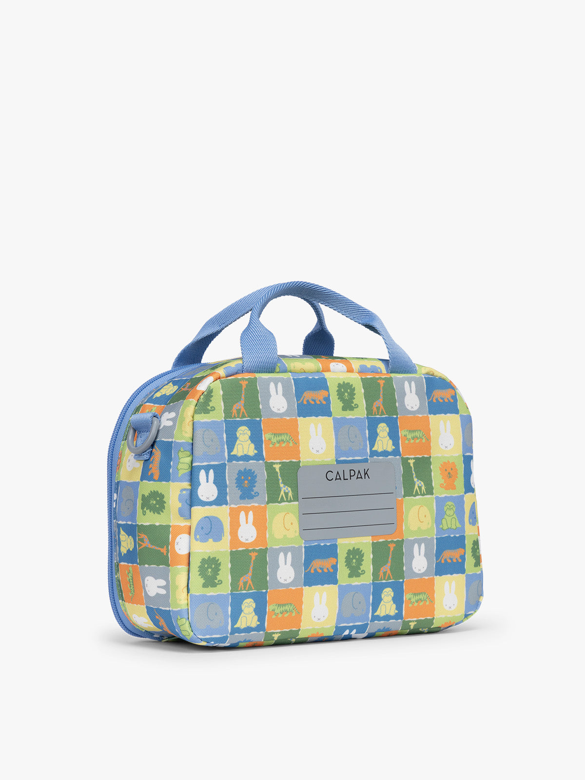 Backside with name label of blue CALPAK Kids Lunch Bag with Miffy and animal pattern with mesh front pocket and top handles on a white background; CKLB2501-MIFFY-BLUE-ZOO-TRIP