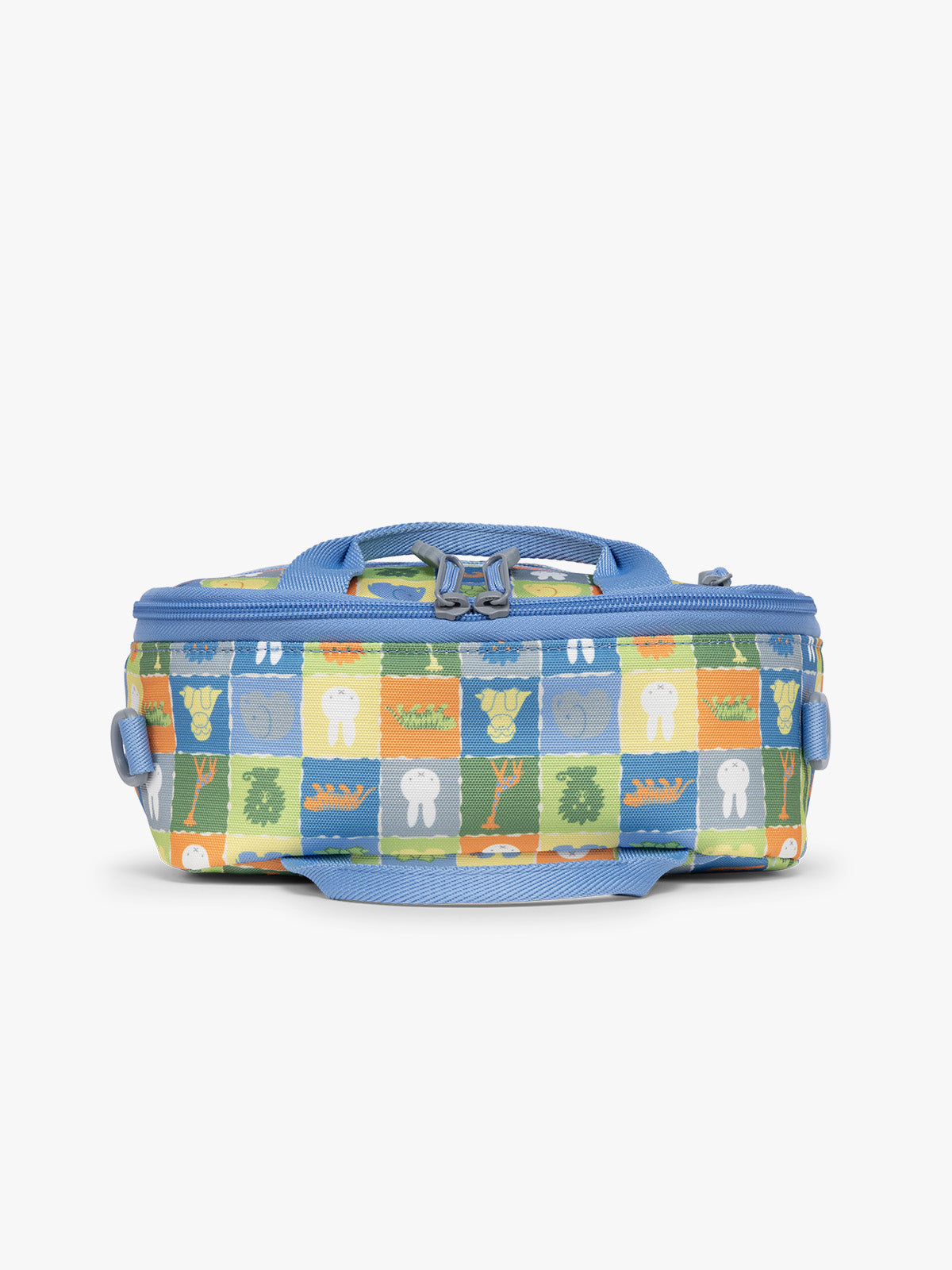 Blue CALPAK Kids Lunch Bag with Miffy and animal pattern with mesh front pocket and top handles on a white background that shows height; CKLB2501-MIFFY-BLUE-ZOO-TRIP
