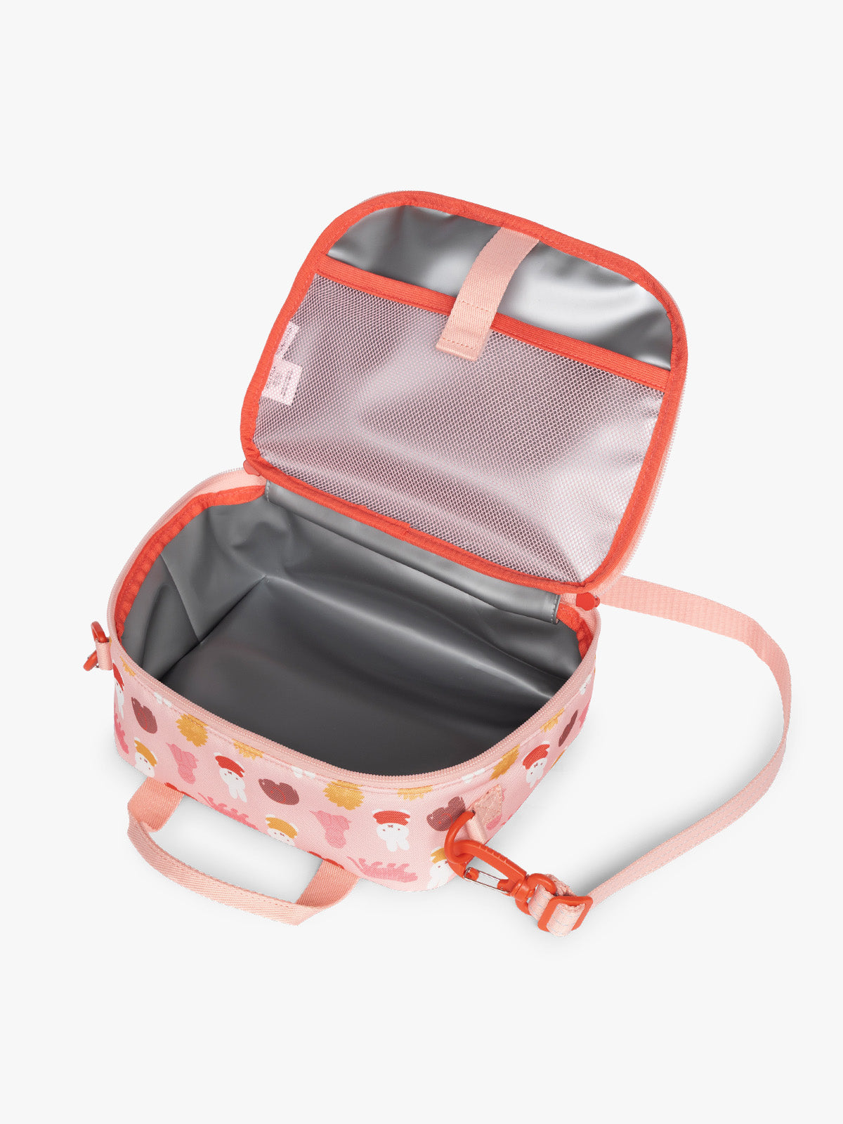 Opened view of insulated feature of the pink CALPAK Kids Lunch Bag with Miffy and animal pattern with mesh front pocket and top handles on a white background; CKLB2501-MIFFY-PINK-ZOO-TRIP