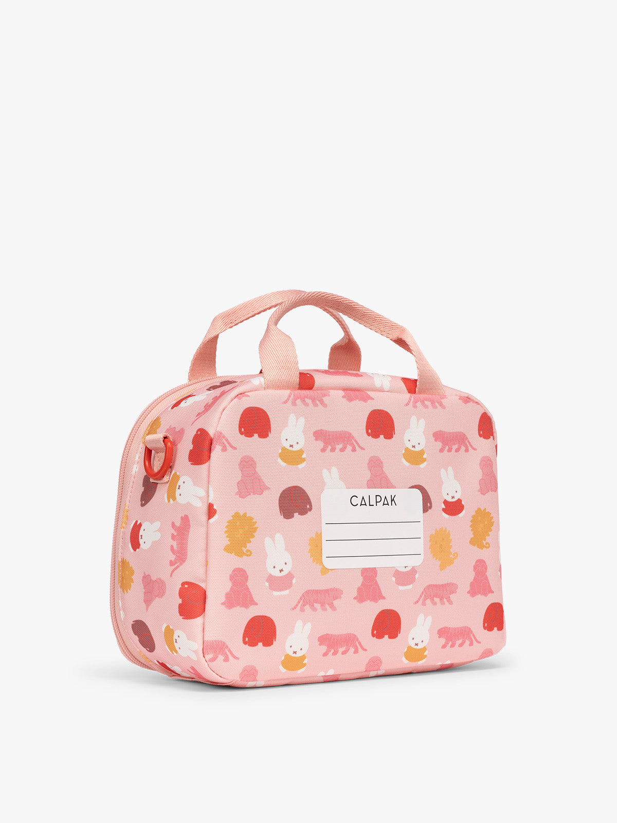 Backside with name label of the Pink CALPAK Kids Lunch Bag with Miffy and animal pattern with mesh front pocket and top handles on a white background; CKLB2501-MIFFY-PINK-ZOO-TRIP