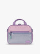 CALPAK Kids Lunch Bag in lavender pink Orchid Pink front view with lavender pink zippers and blue mesh front pocket, water-proof lining, insulated, multiple interior pockets, and back name tag; CKLB2501-ORCHID-PINK 