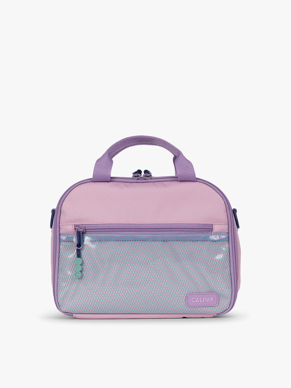 CALPAK Kids Lunch Bag in lavender pink Orchid Pink front view with lavender pink zippers and blue mesh front pocket, water-proof lining, insulated, multiple interior pockets, and back name tag; CKLB2501-ORCHID-PINK 