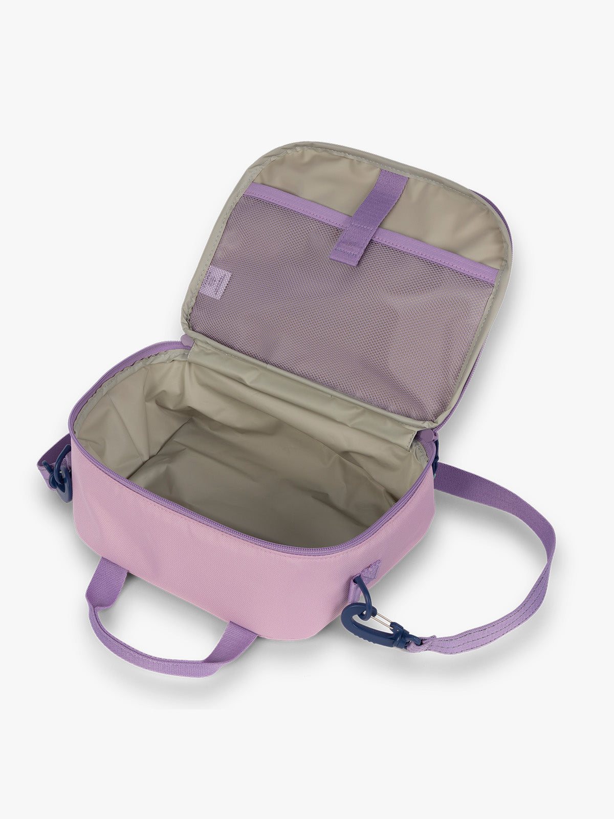CALPAK Kids Lunch Bag in lavender pink Orchid Pink opened view with water-proof lining, insulated, and mesh pocket; CKLB2501-ORCHID-PINK