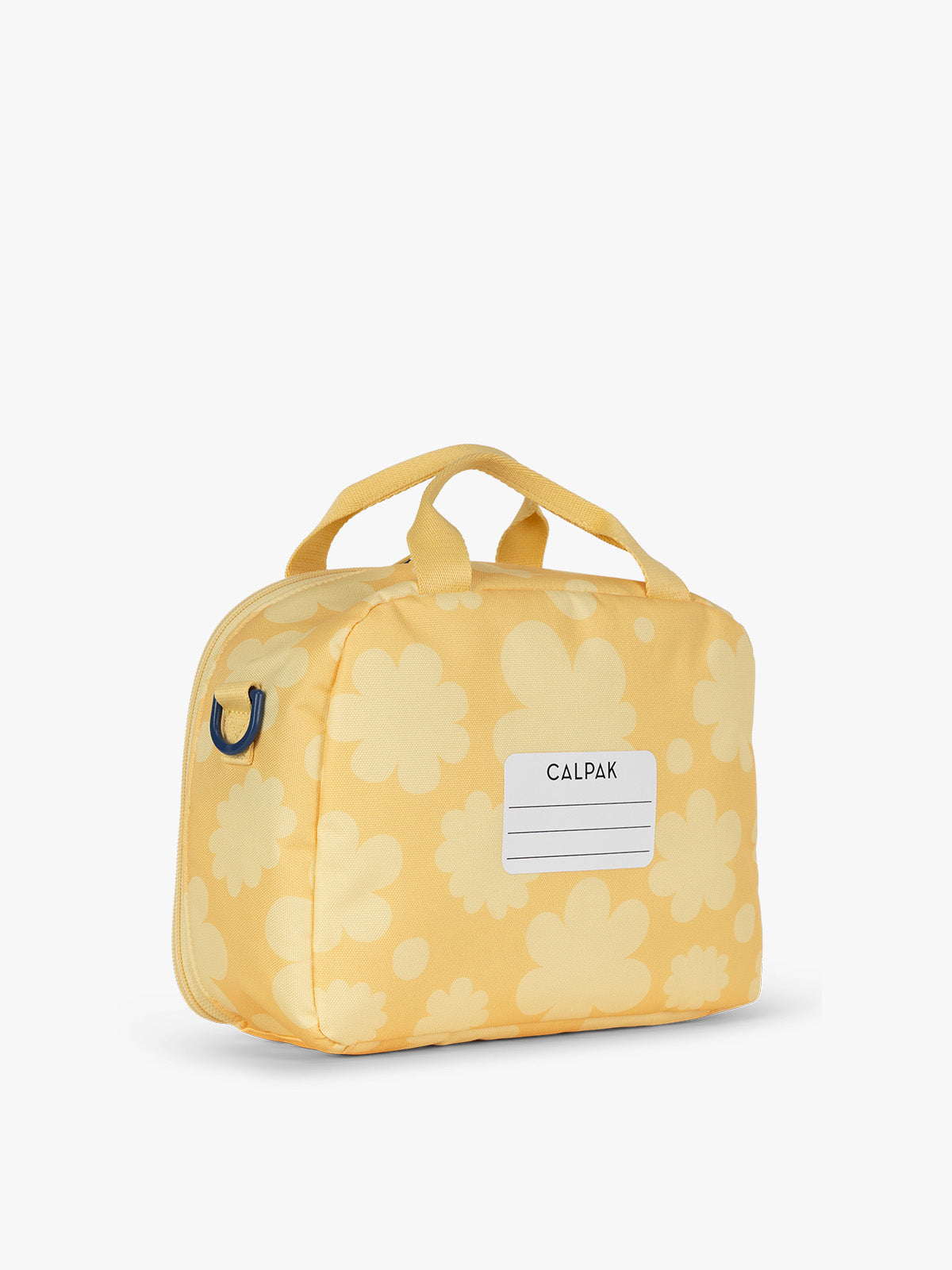 CALPAK Kids Lunch Bag in yellow with tan flower print in Yellow Bloom back view with top handle and name tag section; CKLB2501-YELLOW-BLOOM