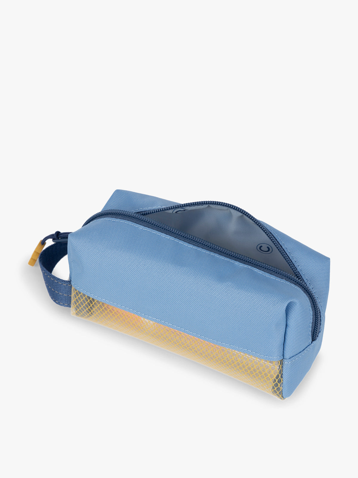 CALPAK Kids Pencil Case in Blue side  view with dark blue zippers and yellow mesh front pocket; CKPC2501-BLUE