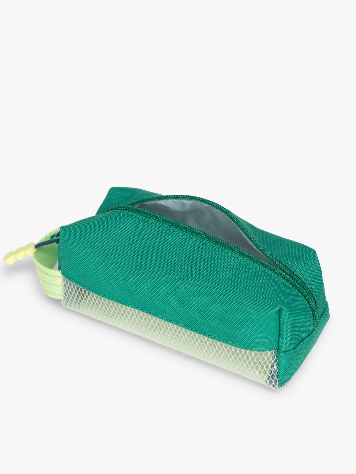 Side opened view of Green CALPAK Kids Pencil Case with lime green accents and mesh bottom on a white background; CKPC2501-GREEN
