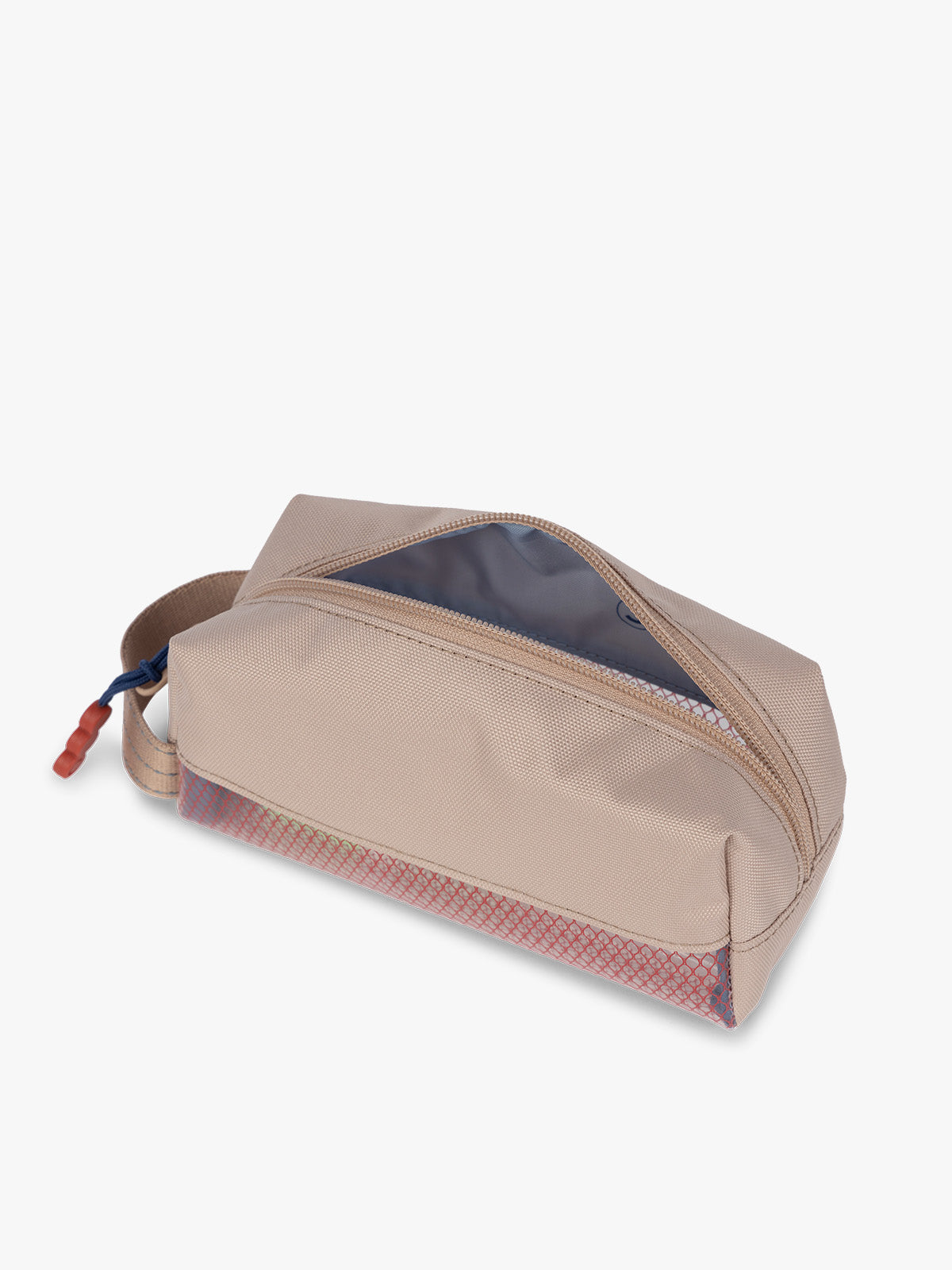 CALPAK Kids Pencil Case in brown and tan Khaki side view with tan brown zippers and red mesh front pocket; CKPC2501-KHAKI