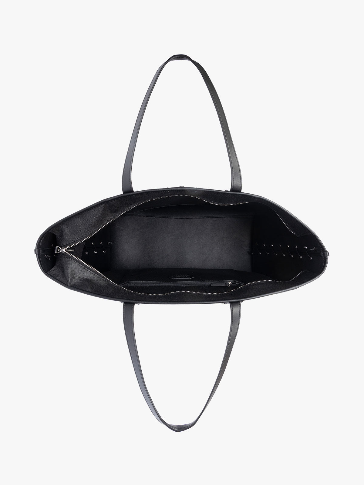 Opened CALPAK Colette 15" Canvas Laptop Tote with zipper and interior pockets in black canvas material ; CLCT2601-BLACK