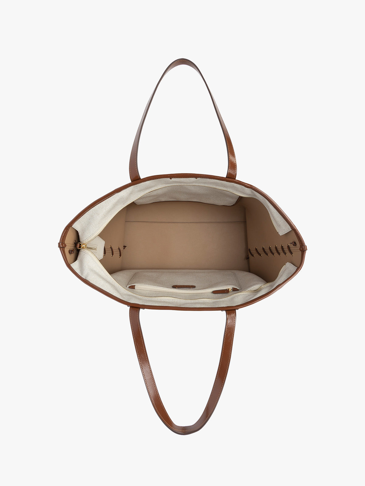 Opened CALPAK Colette 15" Canvas Laptop Tote with zipper and interior pockets in beige canvas material with brown finishing in Natural Brown; CLCT2601-NATURAL-BROWN