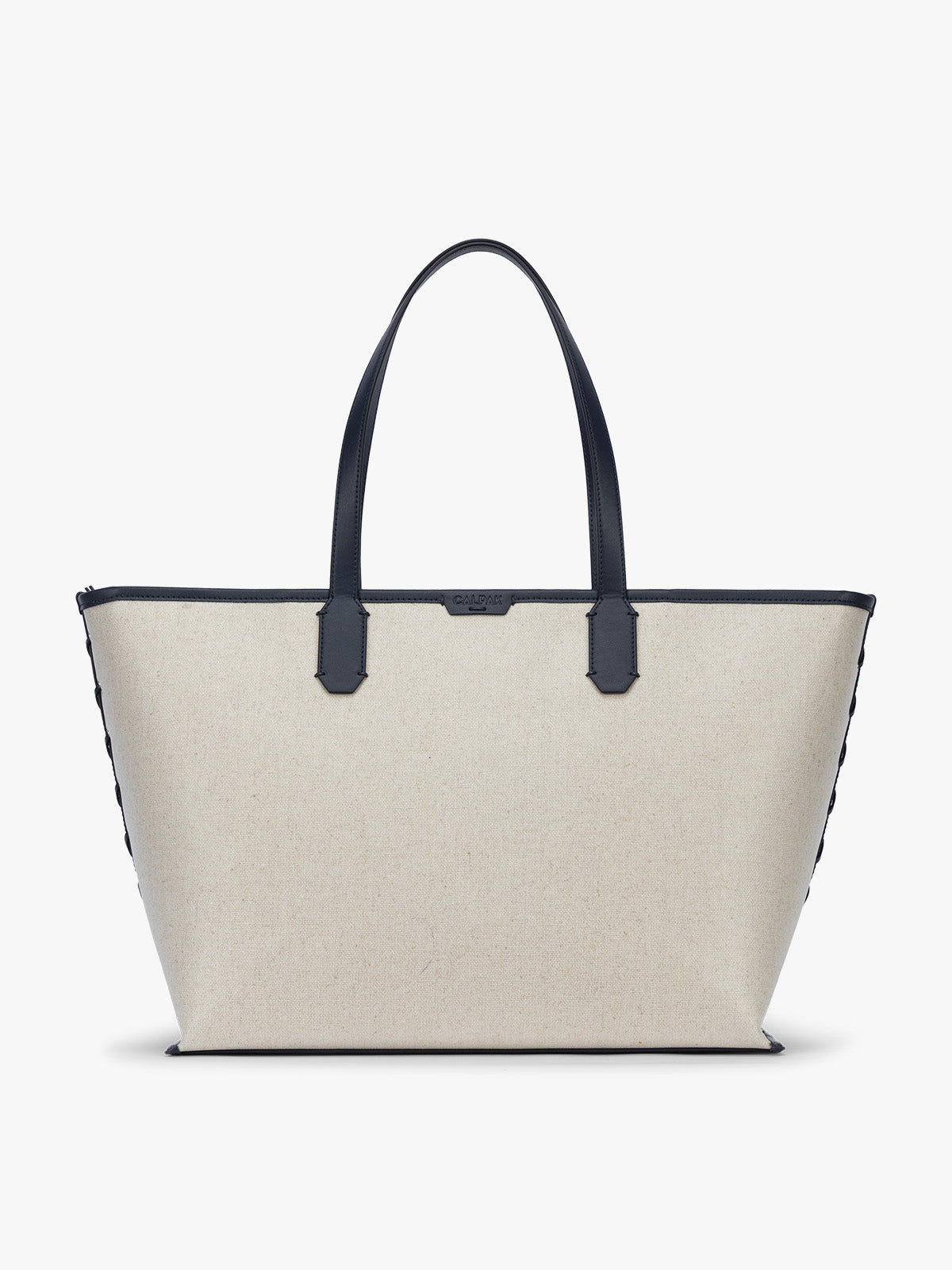 CALPAK Colette 15" Canvas Laptop Tote in beige canvas material  with blue finishing in Natural Navy; CLCT2601-NATURAL-NAVY