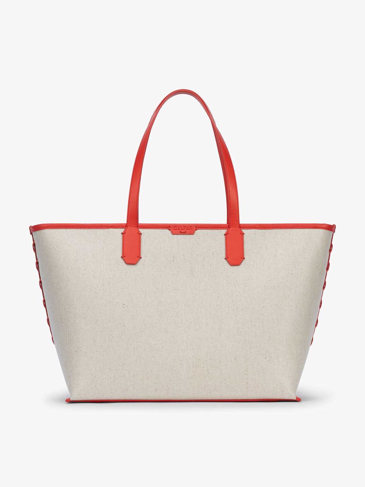 CALPAK Colette 15" Canvas Laptop Tote in beige canvas material  with red finishing in Natural Tomato; CLCT2601-NATURAL-TOMATO