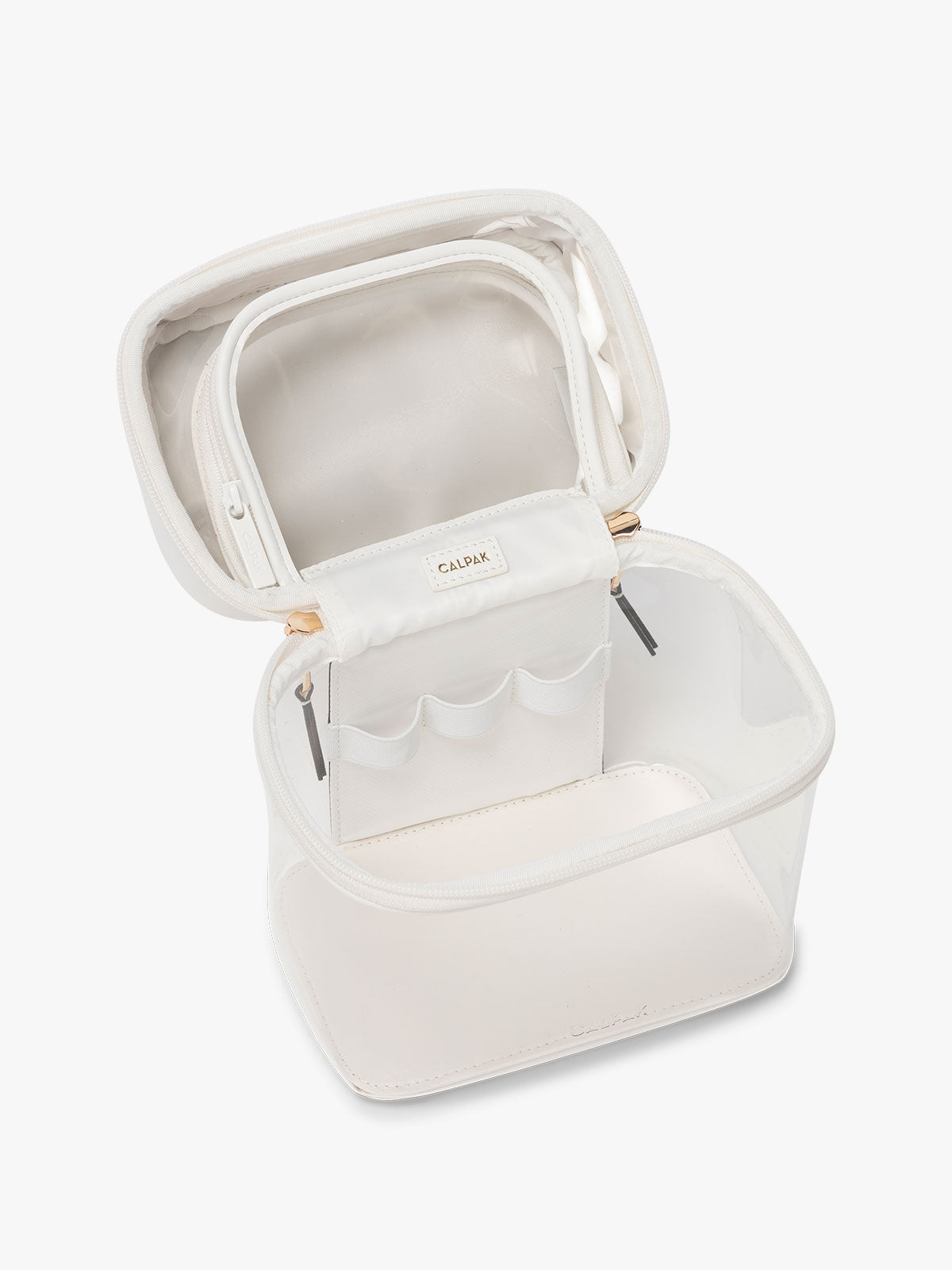 CALPAK Clear Train Case in White open view; CTC2401-WHITE