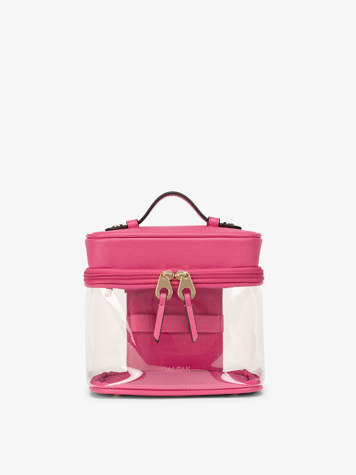 CALPAK Clear Train Case with Top Compartment and transparent PVC panels and zip-around opening in dragonfruit; CTC2401-DRAGONFRUIT