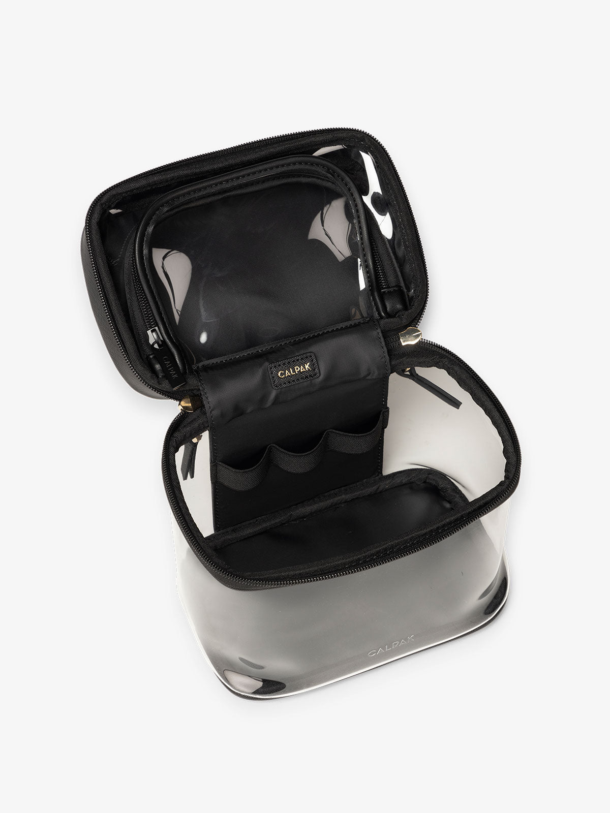 CALPAK Clear Train Case with Top Compartment with interior pocket and elastic loops in black;CTC2401-BLACK