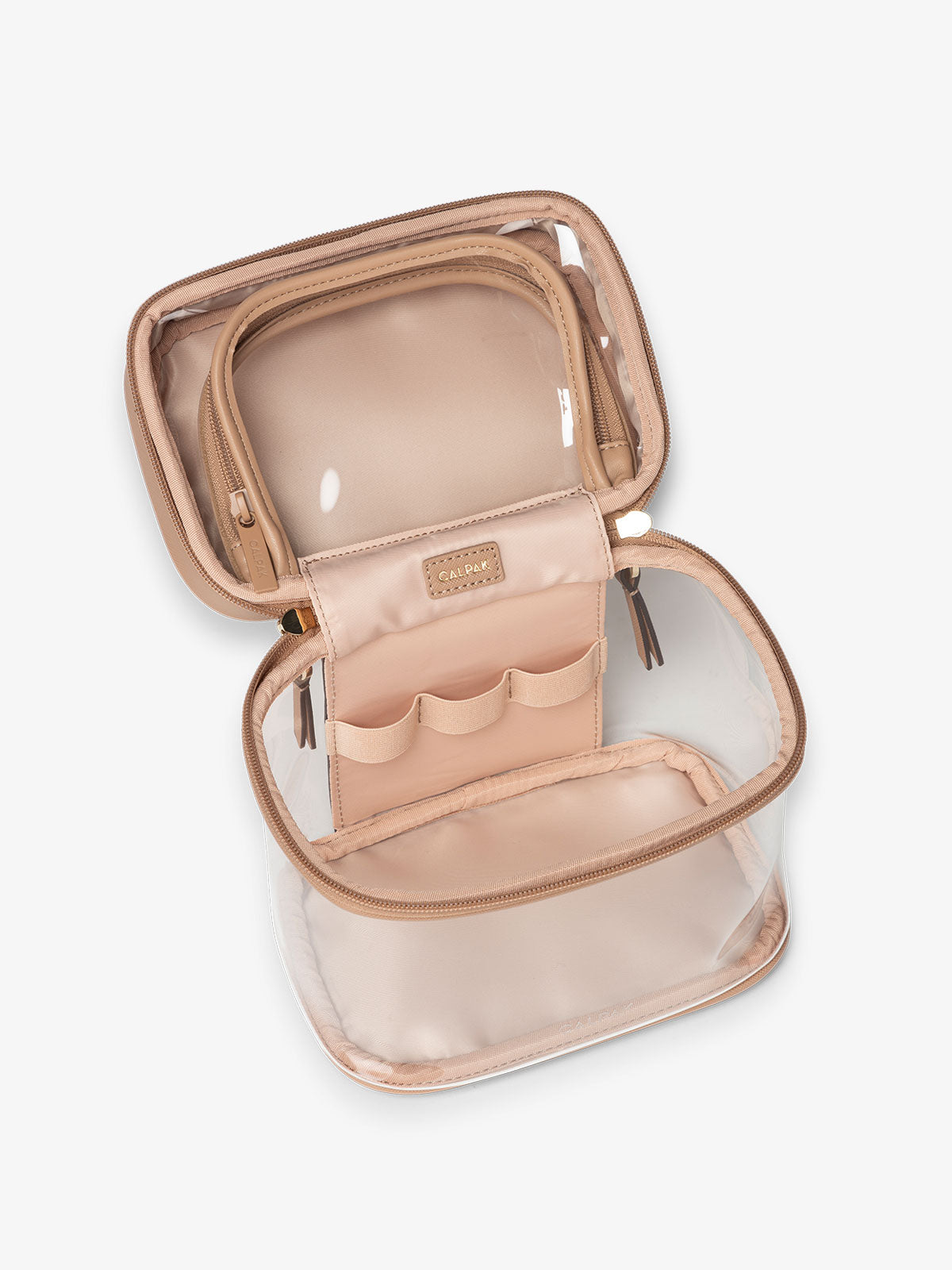 CALPAK Clear Train Case with Top Compartment with interior pocket and elastic loops in brown caramel; CTC2401-CARAMEL