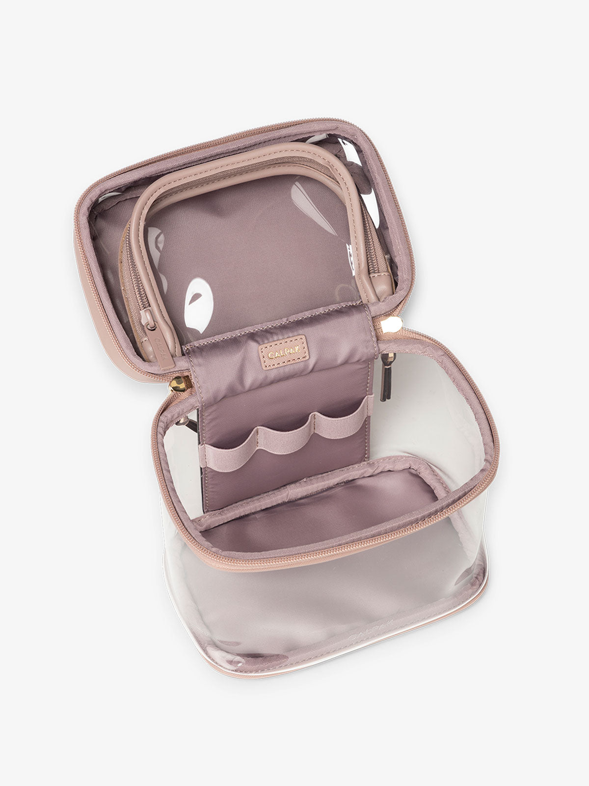 CALPAK Clear Train Case with Top Compartment with interior pocket and elastic loops in pink mauve; CTC2401-MAUVE