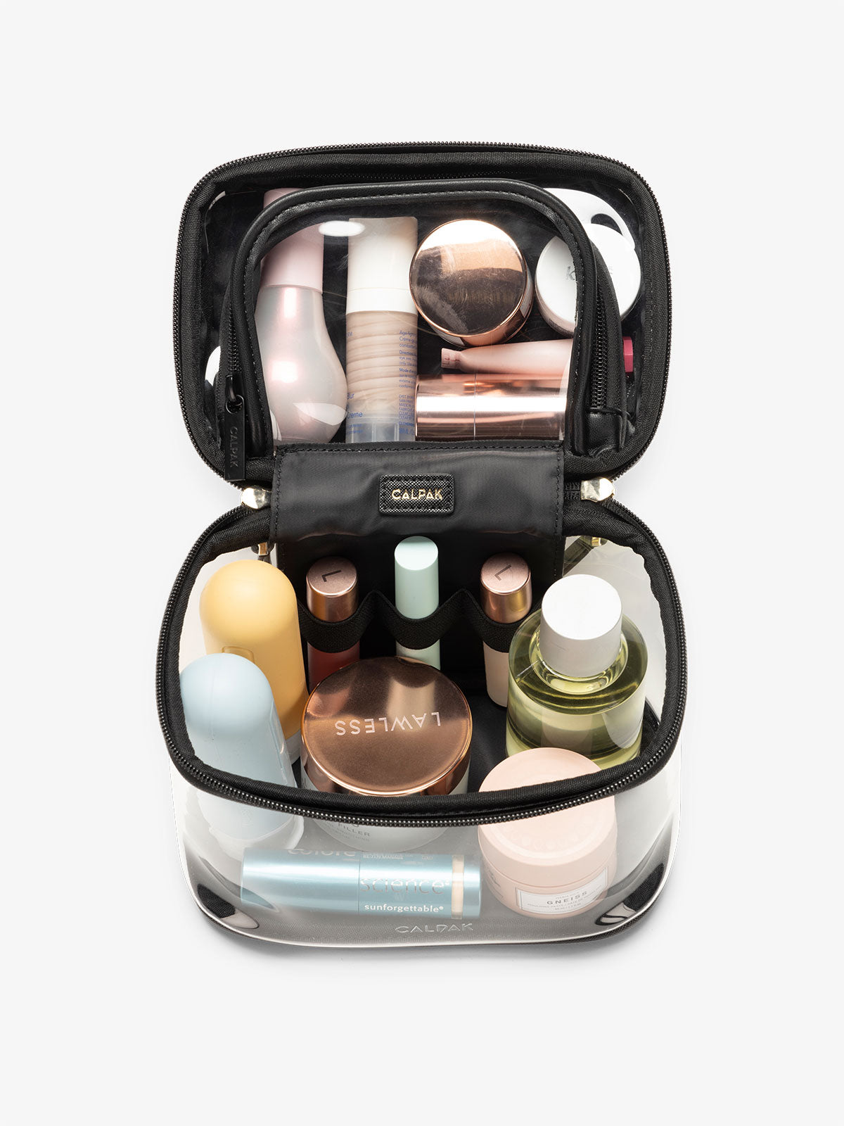 CALPAK clear train case with top interior pocket for makeup and cosmetics in black; CTC2401-BLACK