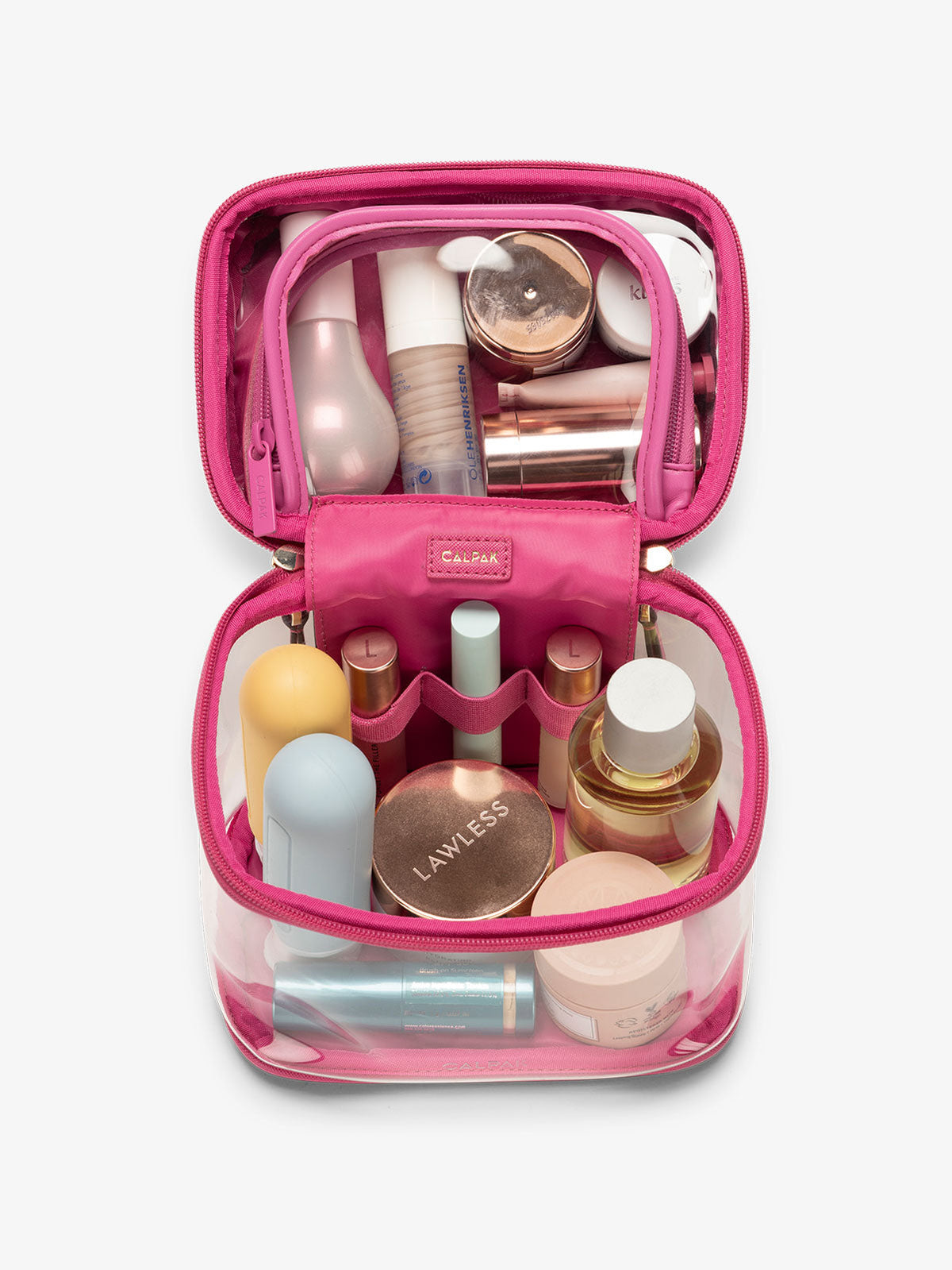 CALPAK clear train case with top interior pocket for makeup and cosmetics in dragonfruit pink; CTC2401-DRAGONFRUIT