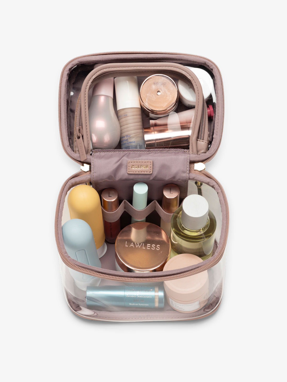 CALPAK clear train case with top interior pocket for makeup and cosmetics in mauve pink; CTC2401-MAUVE