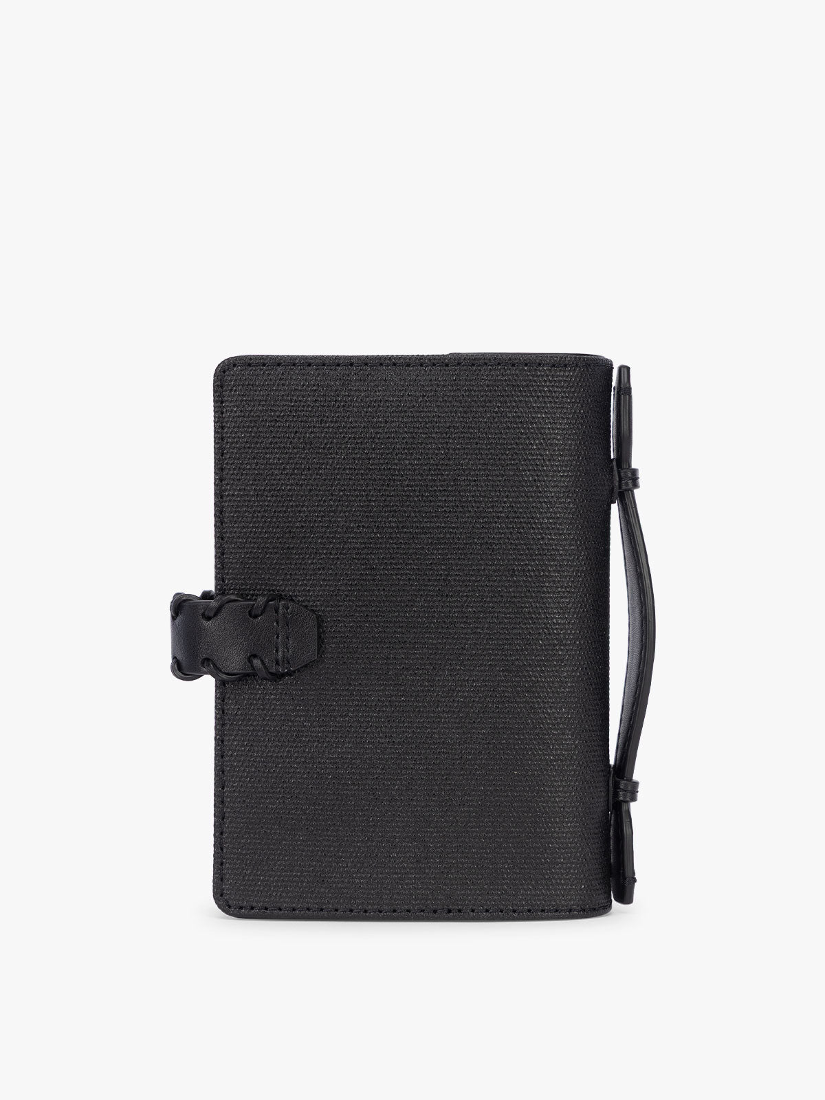 Backside of CALPAK Colette Multi Passport Wallet in Black canvas material; CLPW2601-BLACK