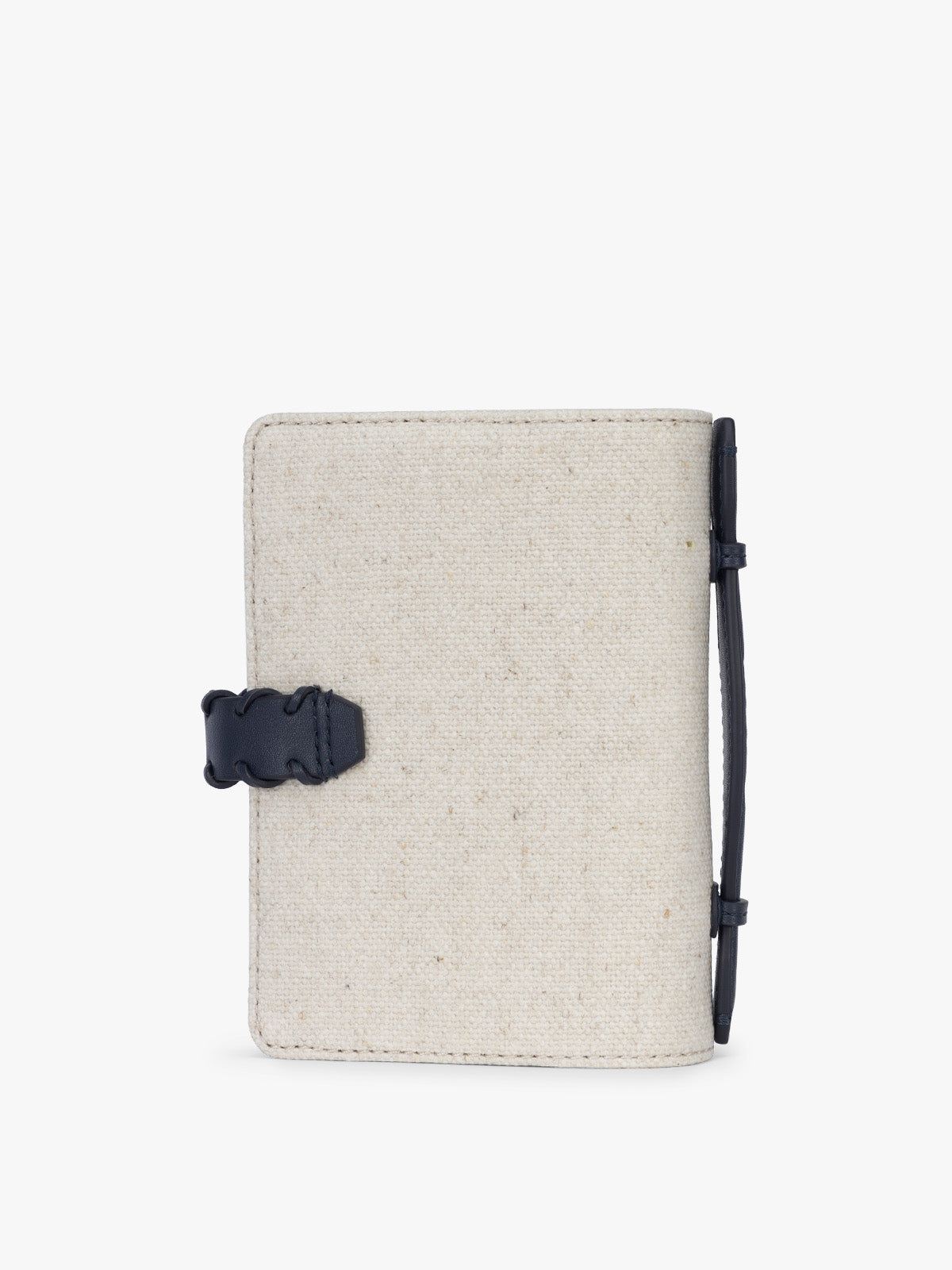 Backside of CALPAK Colette Multi Passport Wallet in beige canvas material and blue finishings in Natural Navy; CLPW2601-NATURAL-NAVY