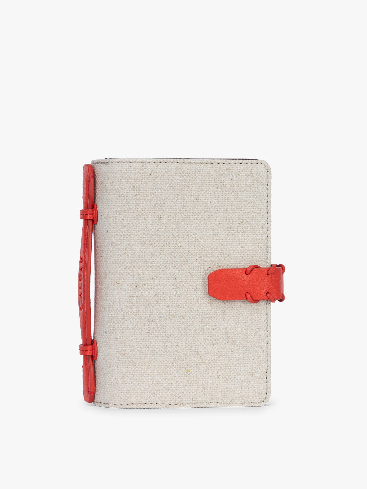 CALPAK Colette Multi Passport Wallet in beige canvas material and red finishings in Natural Tomato; CLPW2601-NATURAL-TOMATO
