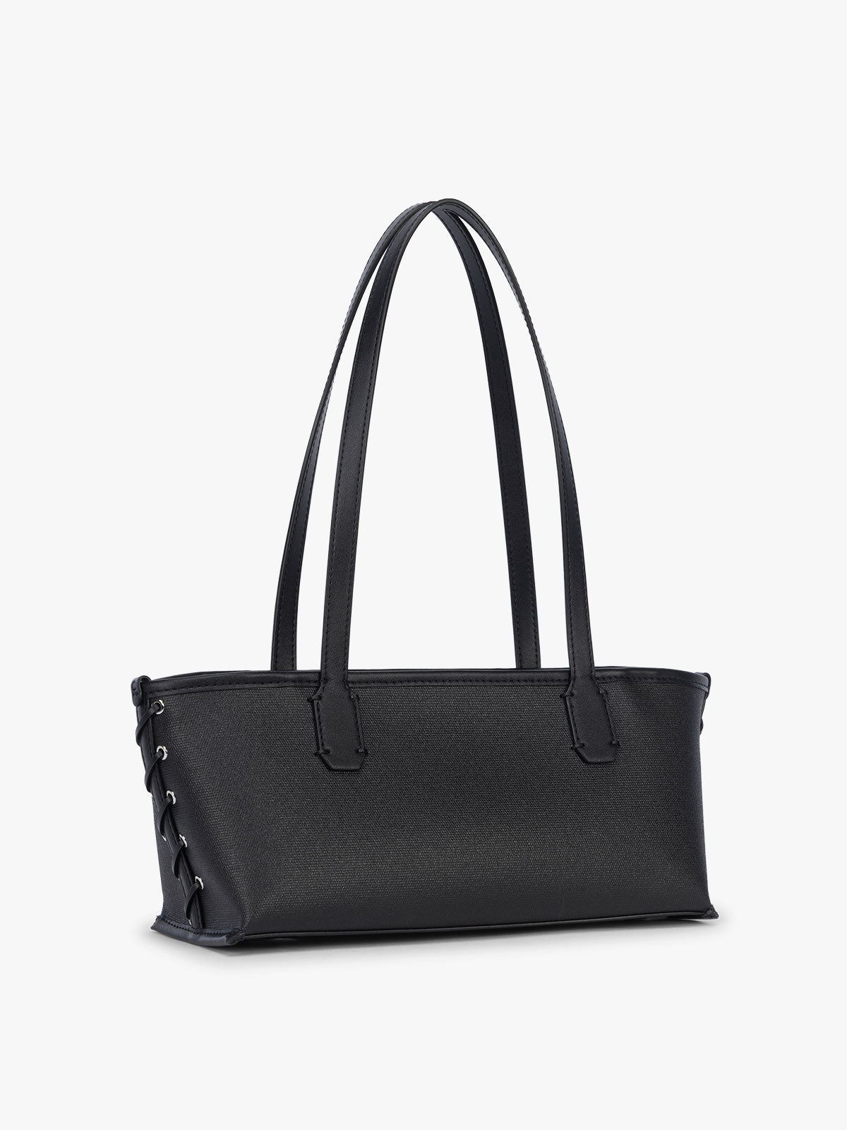 Side view and stitching of CALPAK Colette Canvas Shoulder Tote in Black canvas material with hand-finished side stich; CLST2601-BLACK