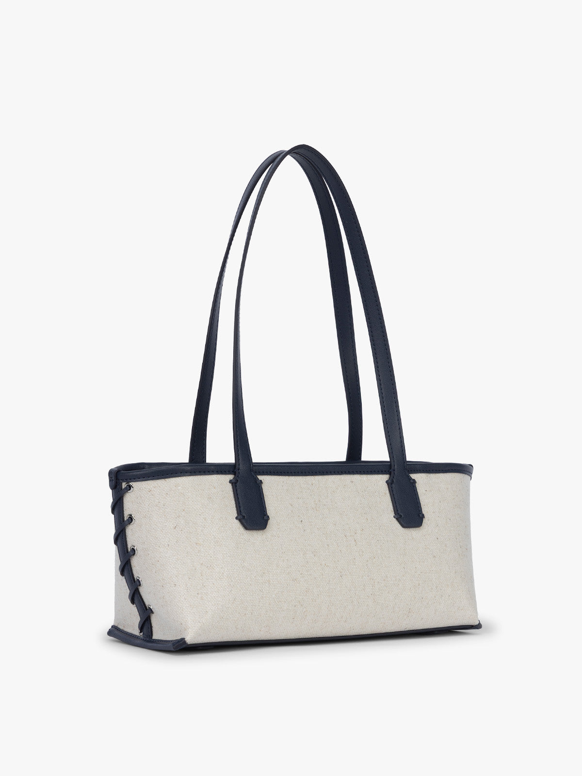 Side view with stitching of CALPAK Colette Canvas Shoulder Tote in beige canvas material  and side stitch in blue finishing ; CLST2601-NATURAL-NAVY