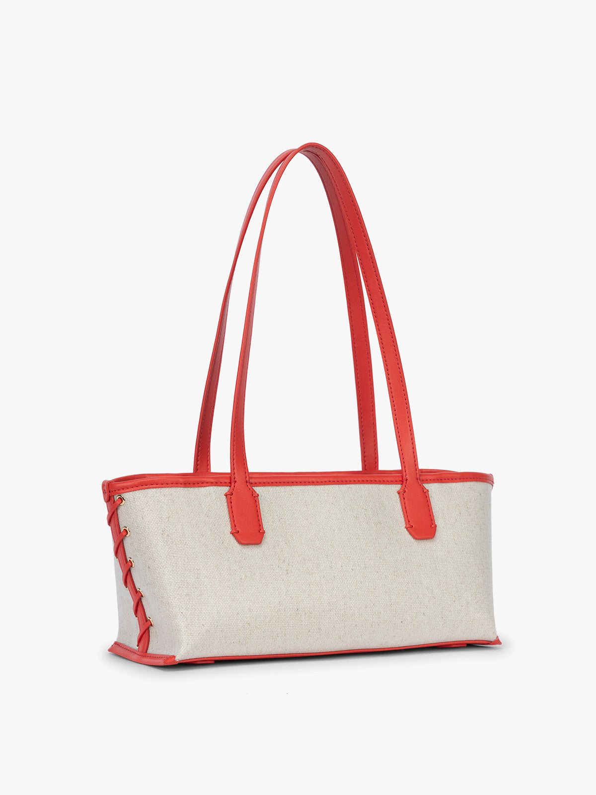 Side view and stitching of CALPAK Colette Canvas Shoulder Tote in beige canvas material and side stitch in red finishing; CLST2601-NATURAL-TOMATO