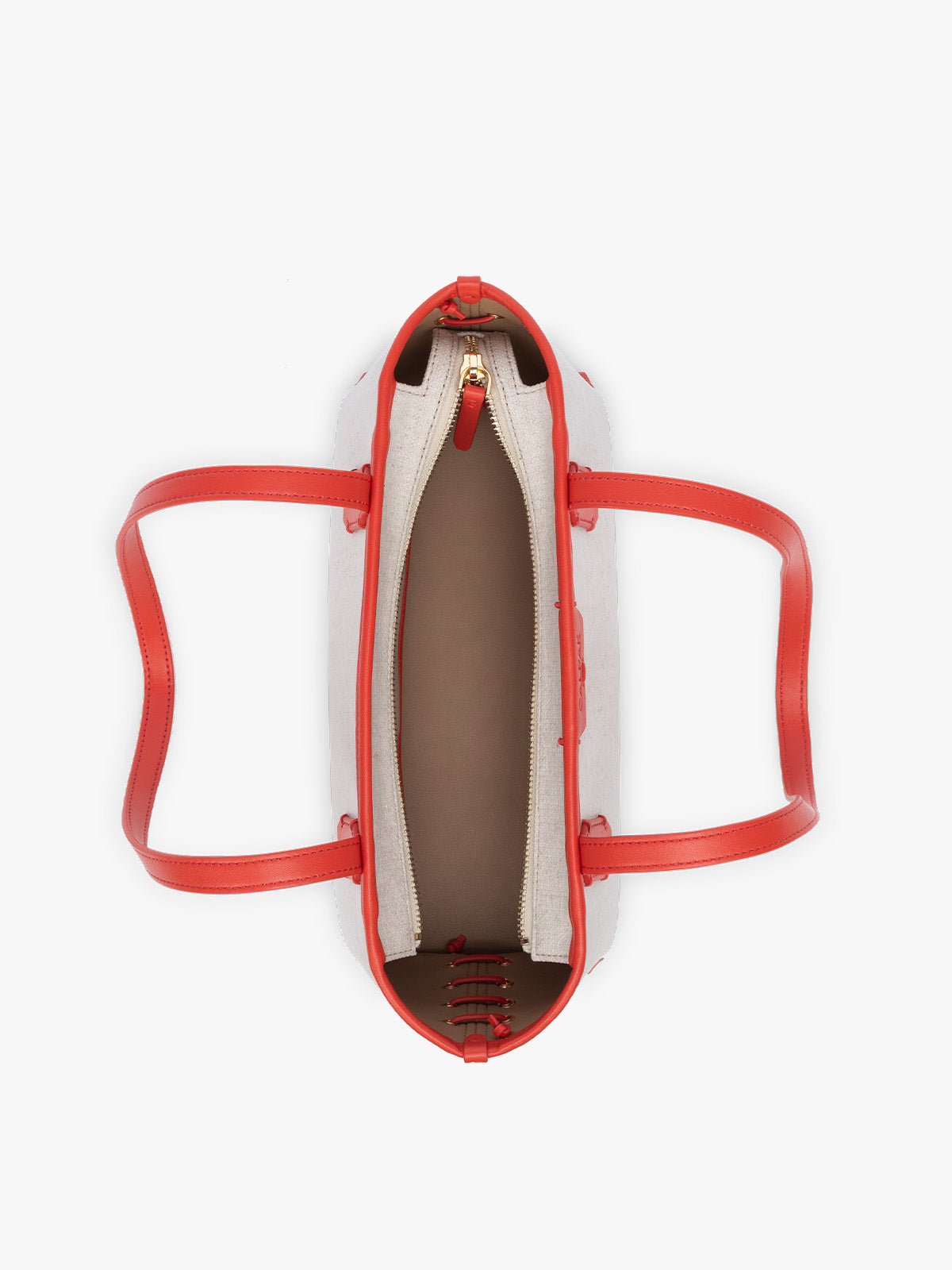 Top view of CALPAK Colette Canvas Shoulder Tote with zipper in beige canvas material  and red finishing; CLST2601-NATURAL-TOMATO
