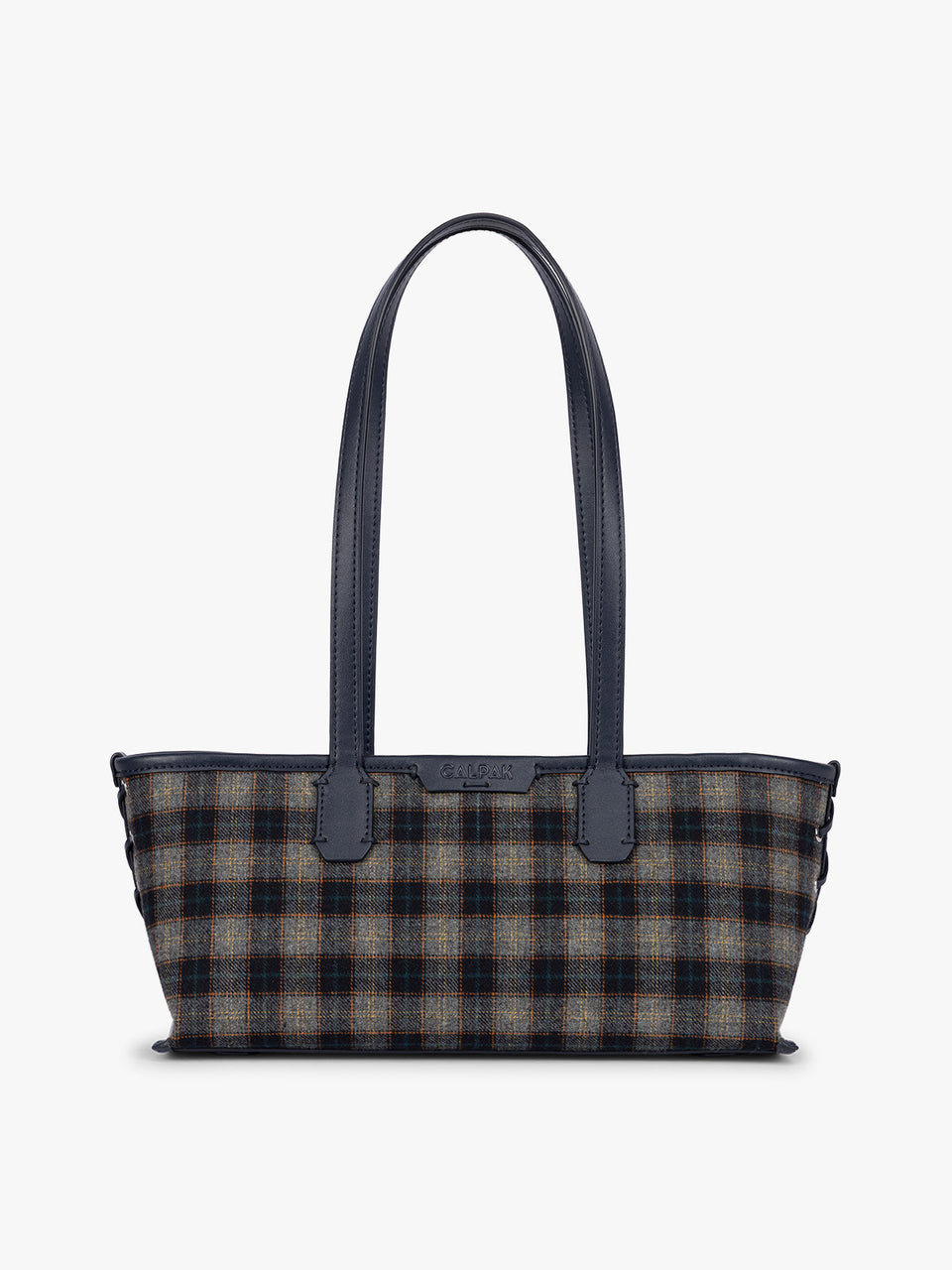 A structured CALPAK Colette Shoulder Tote in Navy Plaid featuring a blue and beige gingham check pattern on the body, with dark brown leather handles and trim, shown against a plain light gray background; CLST2601-NAVY-PLAID