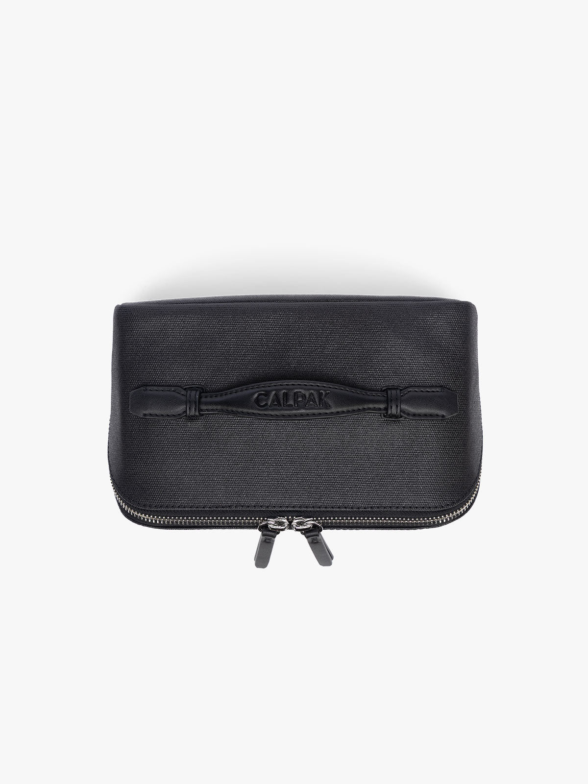 Top view of CALPAK Colette Lay-Flat Canvas Toiletry Bag in black canvas material; CLTB2601-BLACK