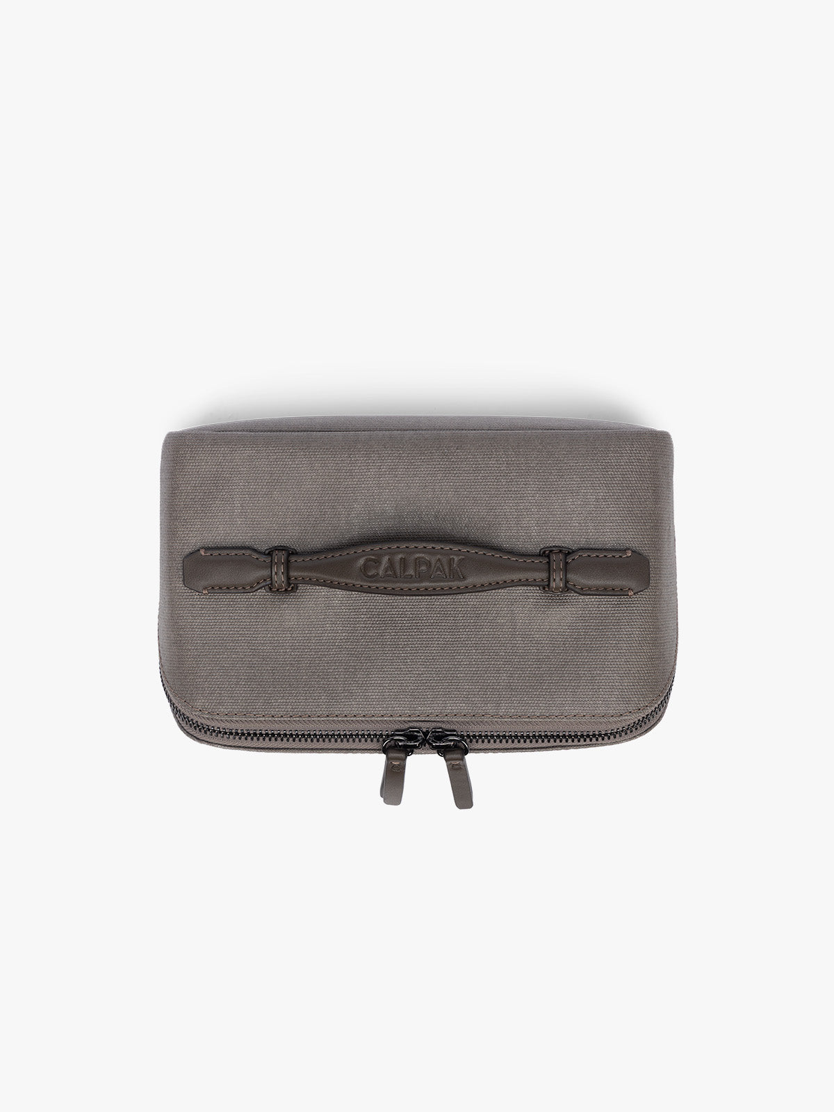 Top view of CALPAK Colette Lay-Flat Canvas Toiletry Bag in brown Mushroom canvas material; CLTB2601-MUSHROOM