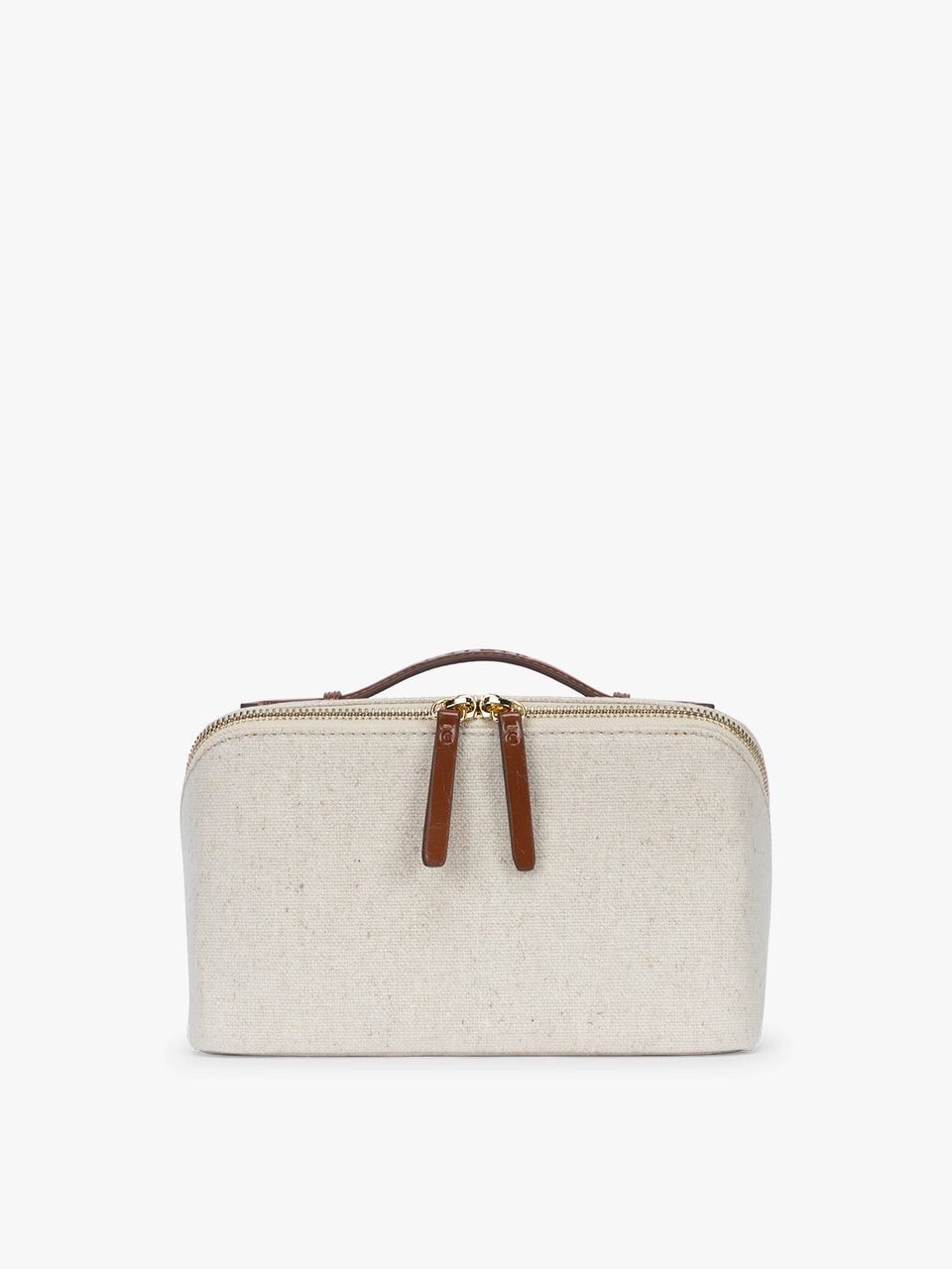 CALPAK Colette Lay-Flat Canvas Toiletry Bag in beige material and brown finishing canvas material; CLTB2601-NATURAL-BROWN