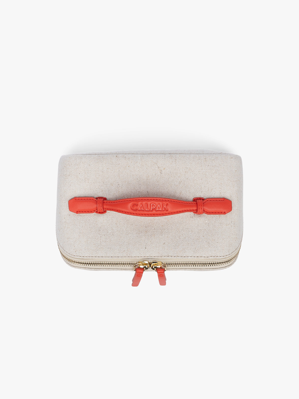 Top handle of CALPAK Colette Lay-Flat Canvas Toiletry Bag in beige canvas  material and red finishing; CLTB2601-NATURAL-TOMATO