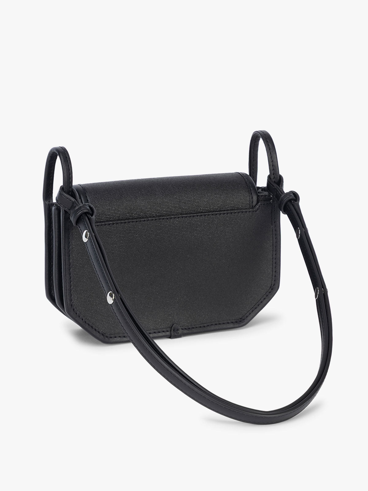 Backside of CALPAK Colette Canvas Crossbody Wallet Bag in black canvas material ; CLWC2601-BLACK