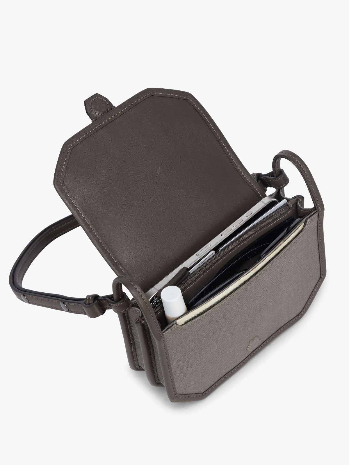 Opened CALPAK Colette Canvas Crossbody Wallet Bag in brown canvas material ;CLWC2601-MUSHROOM