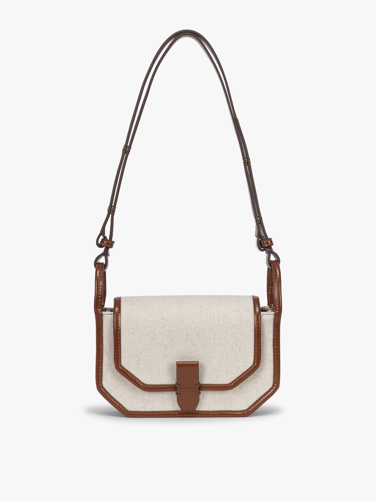 CALPAK Colette Canvas Crossbody Wallet Bag in Natural Brown with beige canvas material and brown finishing; CLWC2601-NATURAL-BROWN