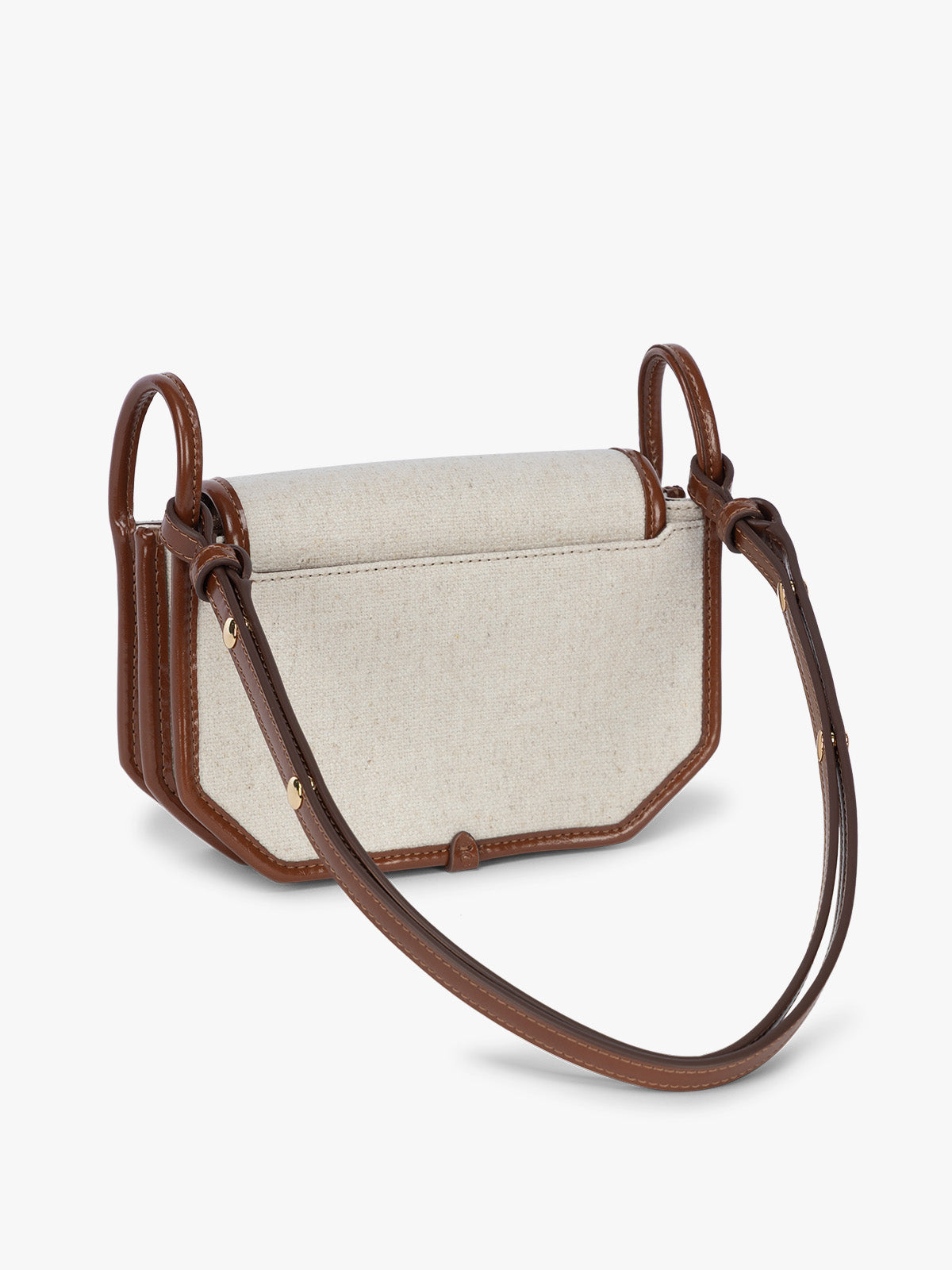 Backside of CALPAK Colette Canvas Crossbody Wallet Bag in Natural Brown with beige canvas material and brown finishing; CLWC2601-NATURAL-BROWN