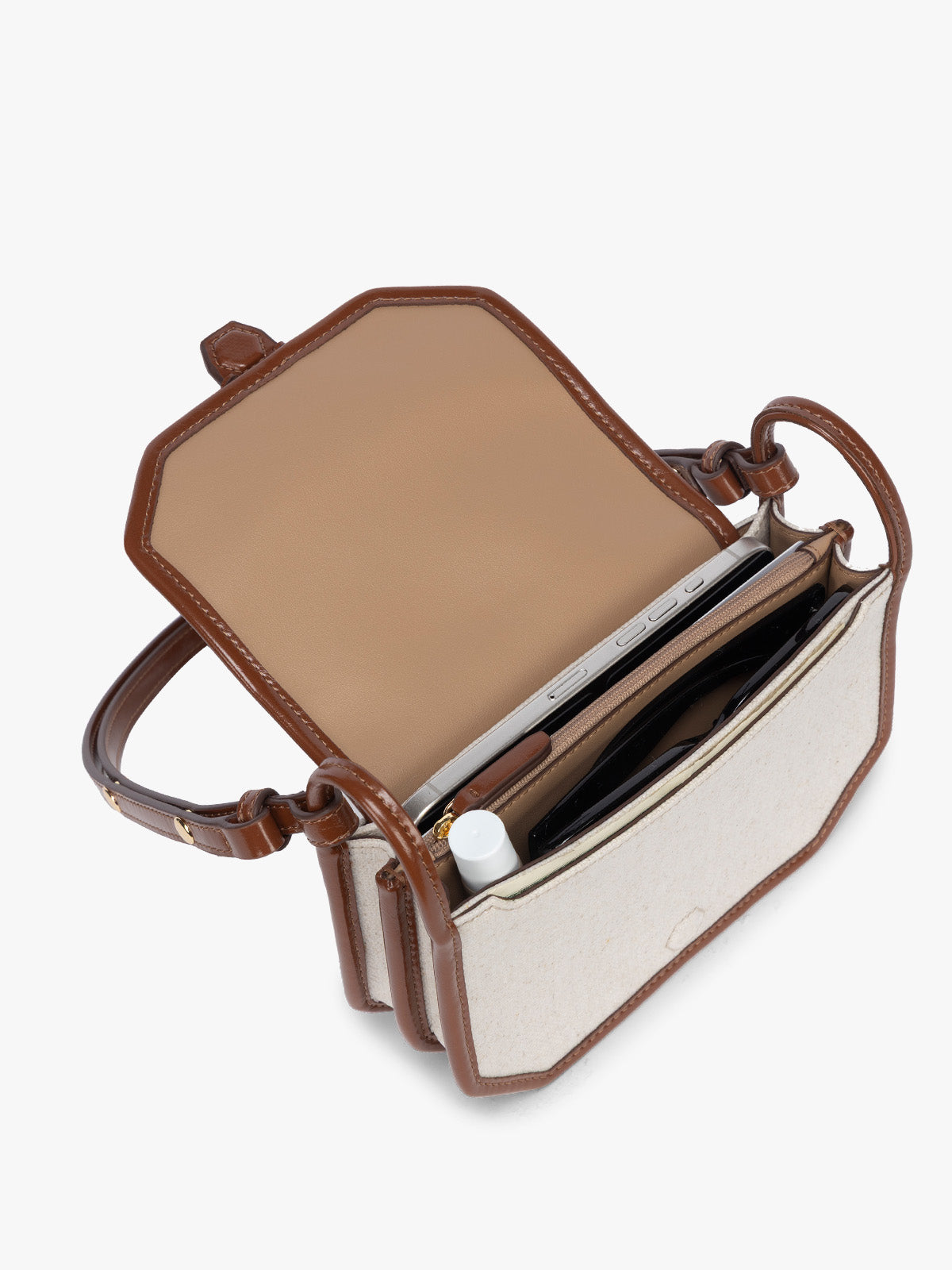 Opened CALPAK Colette Canvas Crossbody Wallet Bag in Natural Brown with beige canvas  material and brown finishing; CLWC2601-NATURAL-BROWN