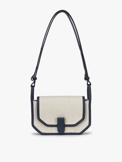CALPAK Colette Canvas Crossbody Wallet Bag in Natural Brown with beige canvas material and blue finishing; CLWC2601-NATURAL-NAVY