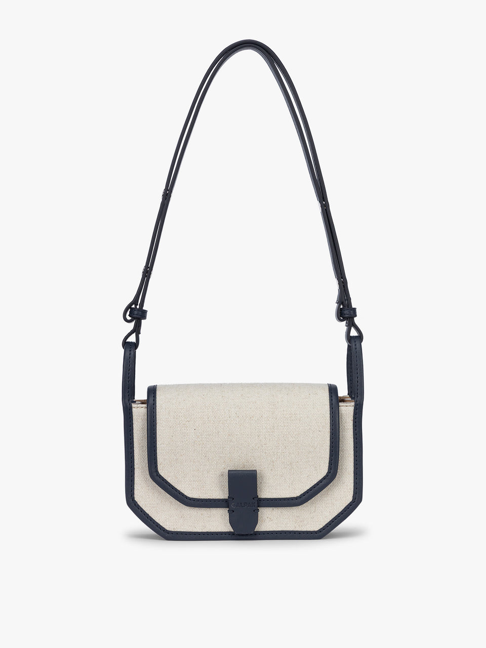 CALPAK Colette Canvas Crossbody Wallet Bag in Natural Brown with beige canvas material and blue finishing; CLWC2601-NATURAL-NAVY