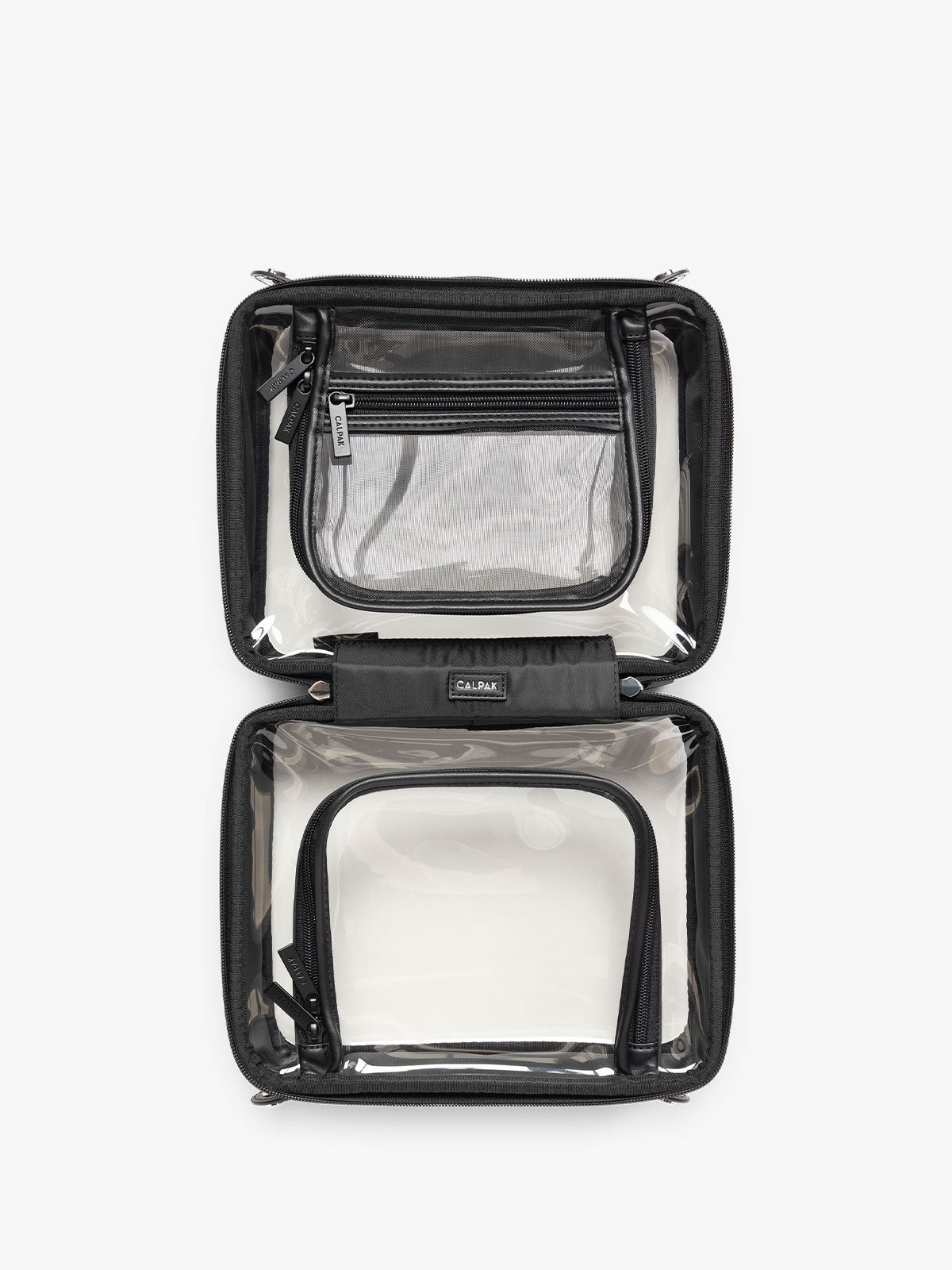 CALPAK Medium Clear Cosmetic Case in Glazed Black opened view on a white background; CMM2201-GLAZED-BLACK