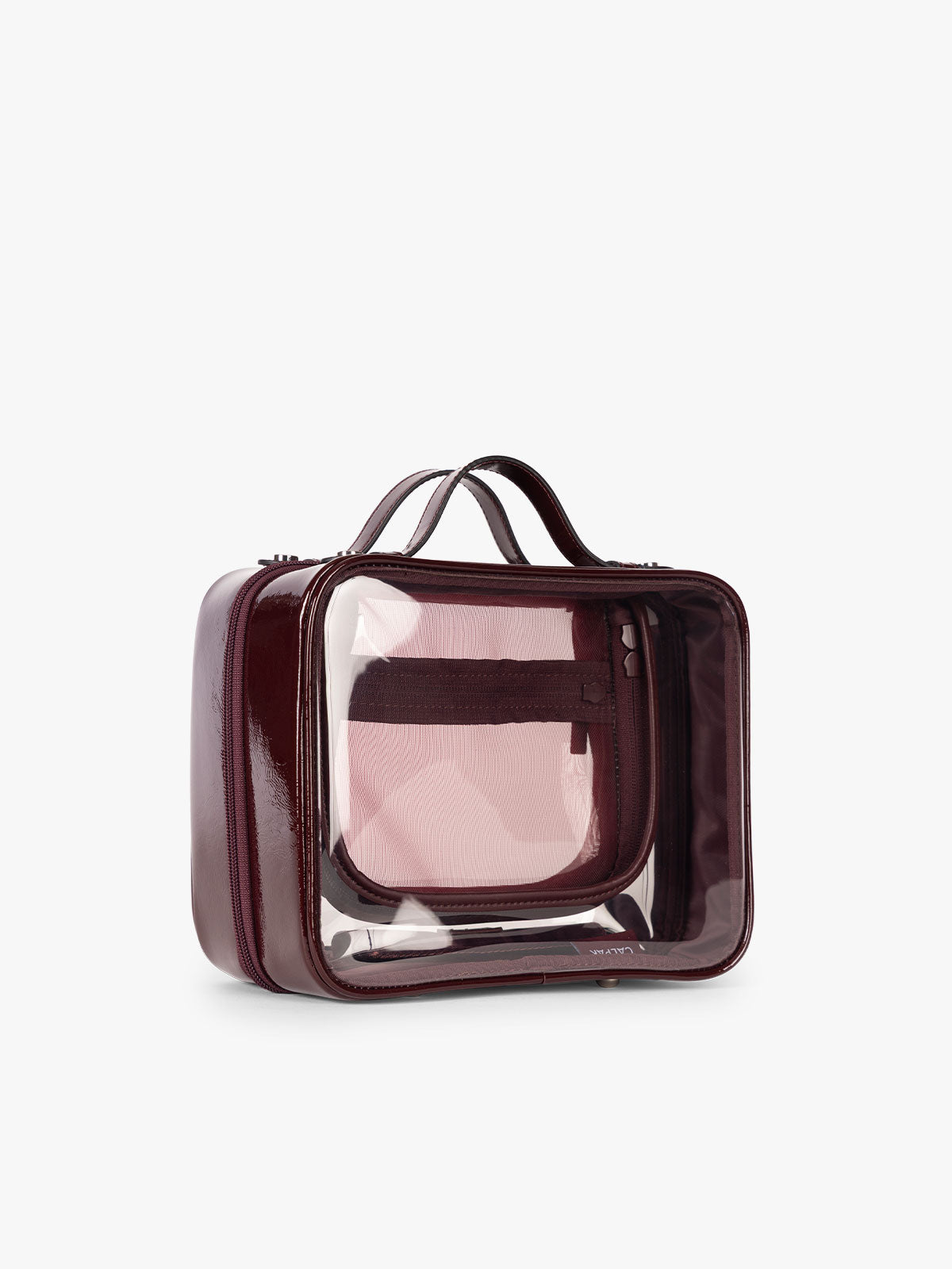 CALPAK Medium Clear Cosmetic Case in maroon Glazed Dark Cherry side view on a white background; CMM2201-GLAZED-DARK-CHERRY