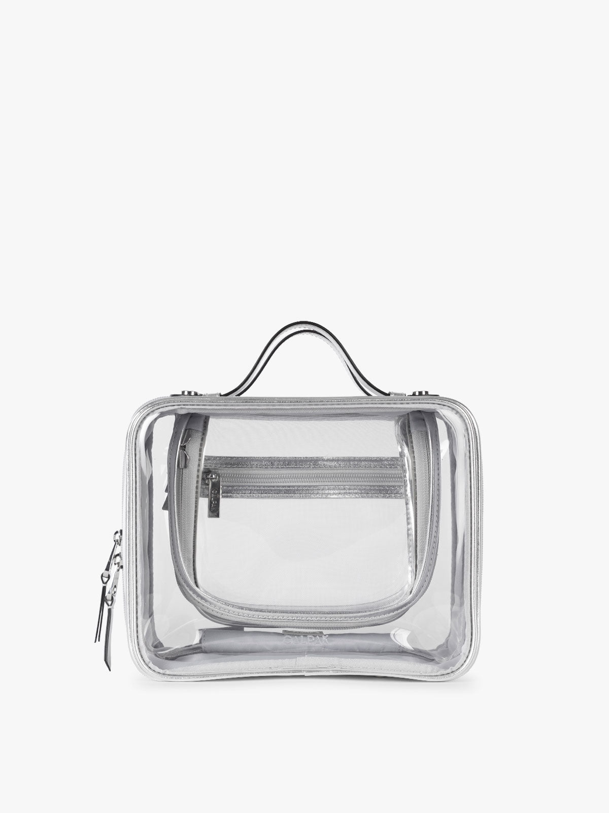 CALPAK Medium Clear Cosmetic Case in Silver on a white background; CMM2201-SILVER