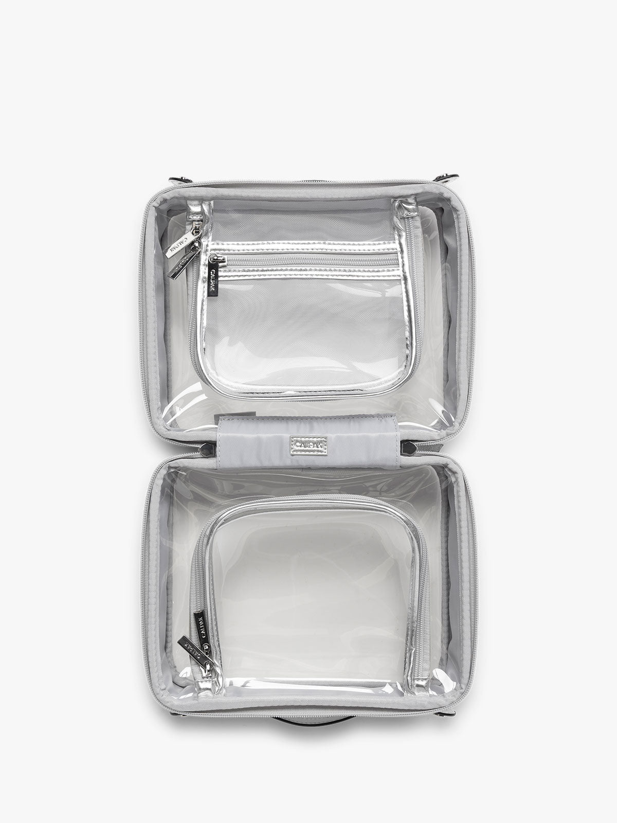 CALPAK Medium Clear Cosmetic Case in Silver opened view on a white background; CMM2201-SILVER