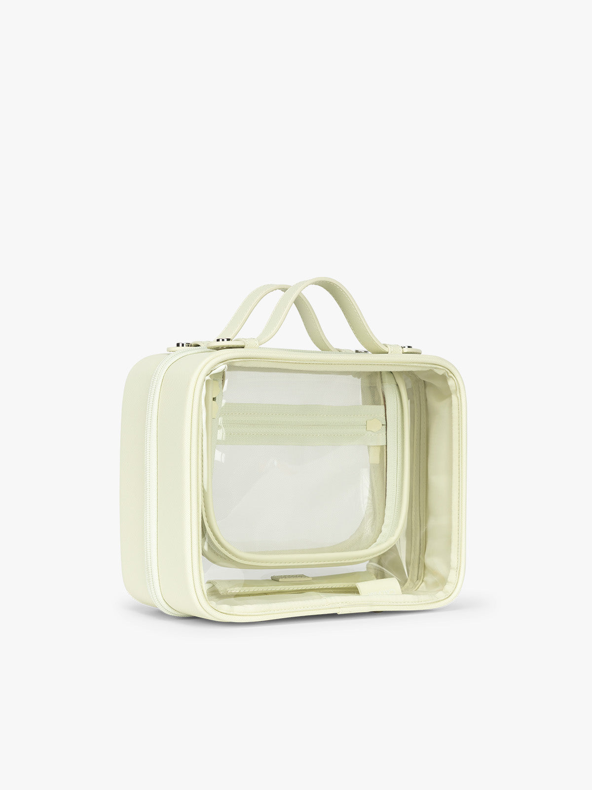Side view of CALPAK Medium Clear Cosmetic Case in light green Celadon; CMM2201-CELADON