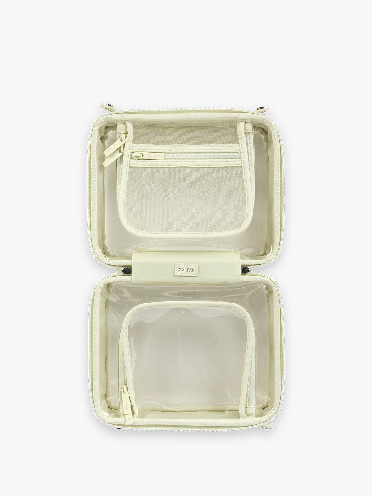 Opened view of CALPAK Medium Clear Cosmetic Case in light green Celadon; CMM2201-CELADON