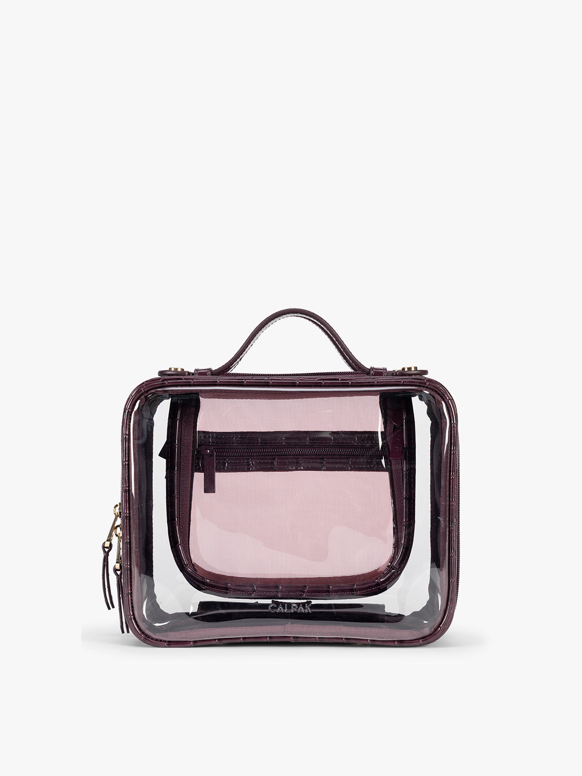 CALPAK Medium Clear Cosmetics Case that is a transparent pouch with a deep red Dark Cherry in crocodile-embossed; CMM2201-DARK-CHERRY-FAUX-CROC