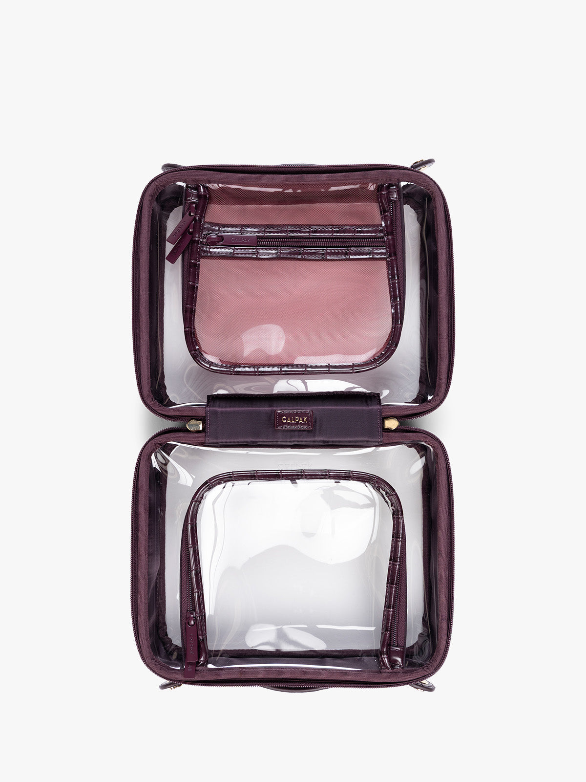 Opened CALPAK Medium Clear Cosmetics Case that is a transparent pouch with a deep red Dark Cherry in crocodile-embossed; CMM2201-DARK-CHERRY-FAUX-CROC